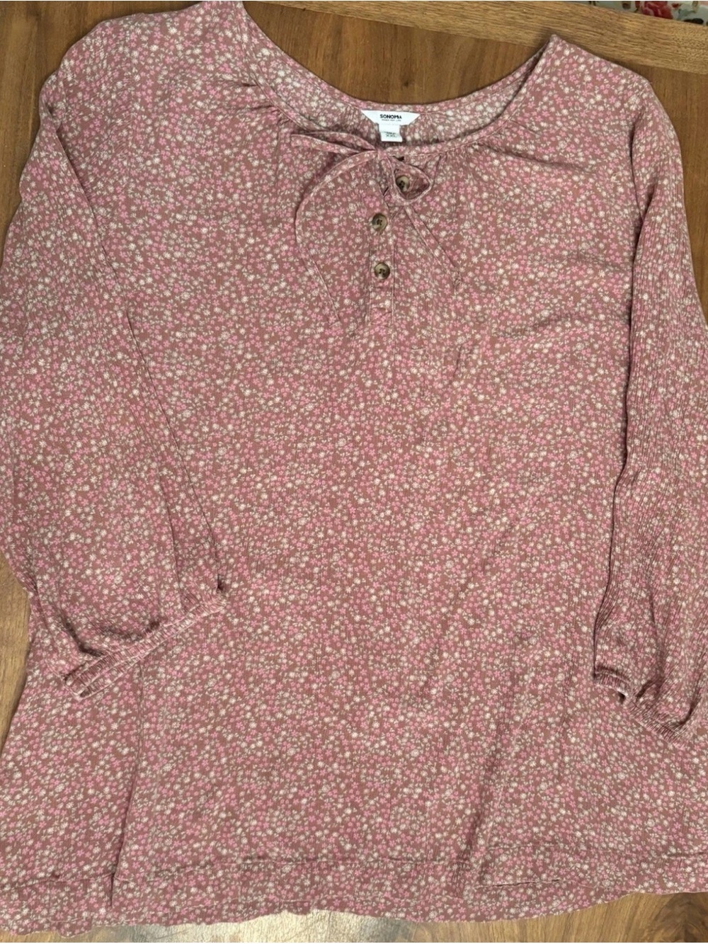 Sonoma Crinkle Ditsy Floral Tie Front Henley Top 3/4 Sleeve Brown & Pink XXL